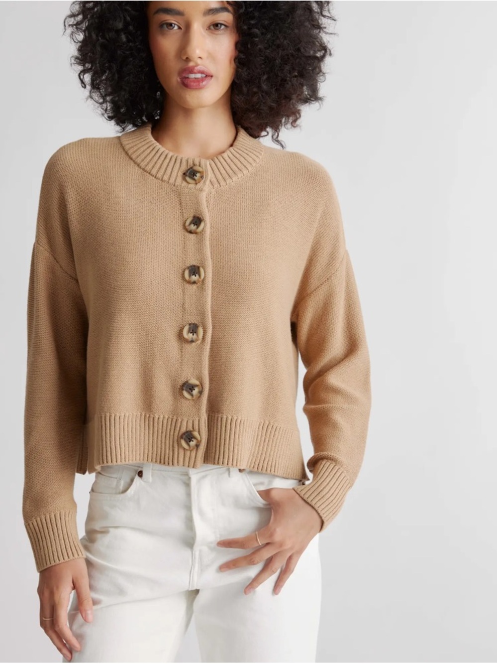 Quince Camel 100% Organic Cotton Cropped Cardigan